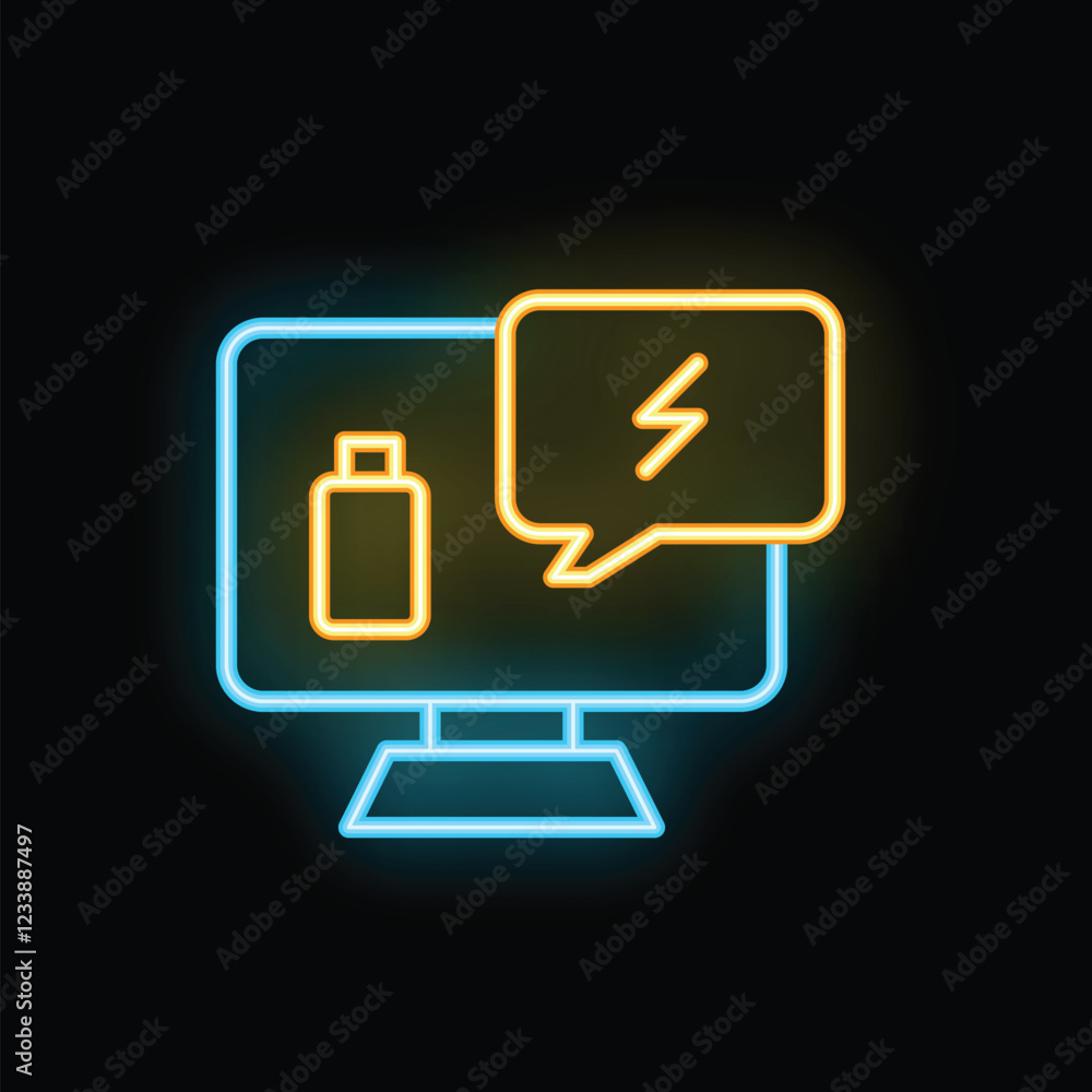Neon computer icon displaying a charging battery and a lightning bolt inside a speech bubble on a black background Neon computer icon displaying a charging battery and a lightning bolt inside a speech bubble on a black background