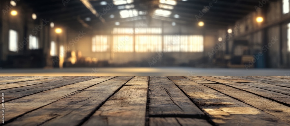Perspective view of empty industrial warehouse interior with wooden floor and warm lighting, ideal for showcasing Copy Space.