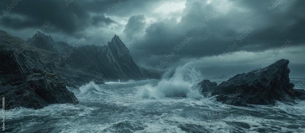 Dramatic seascape with turbulent waves crashing against rocky shore under moody stormy sky with dark clouds and distant mountains Copy Space Dramatic seascape with turbulent waves crashing against rocky shore under moody stormy sky with dark clouds and distant mountains Copy Space