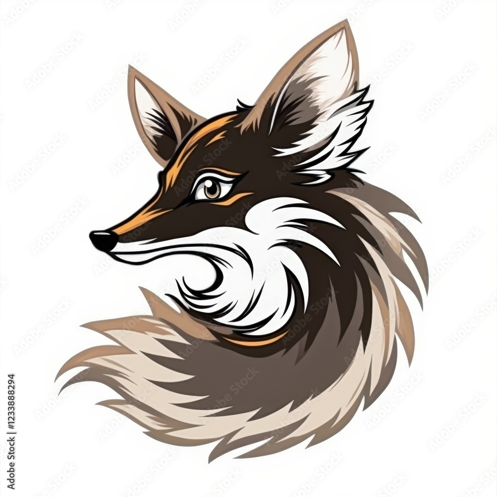 Obraz premium A lifelike depiction of a fox's head, where rich browns, whites, and blacks intermingle in intricate detail. Realistic fur textures are accentuated by precise lines and curves