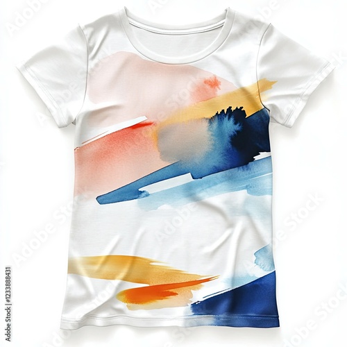 Colorful abstract design on a casual short-sleeve shirt displayed on a white background photo