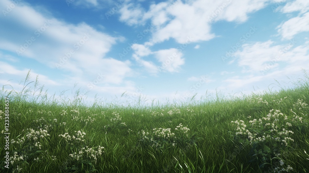 Green grassy hill with scattered white flowers under a blue sky with clouds Green grassy hill with scattered white flowers under a blue sky with clouds