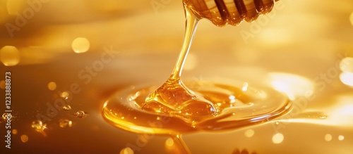 Golden honey dripping from a spoon onto a smooth surface with a blurred background and soft light reflections. Copy Space photo