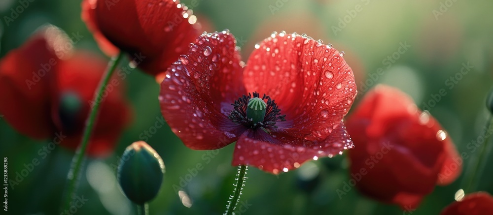 Red poppy flowers with dew drops in a green meadow background Red poppy flowers with dew drops in a green meadow background