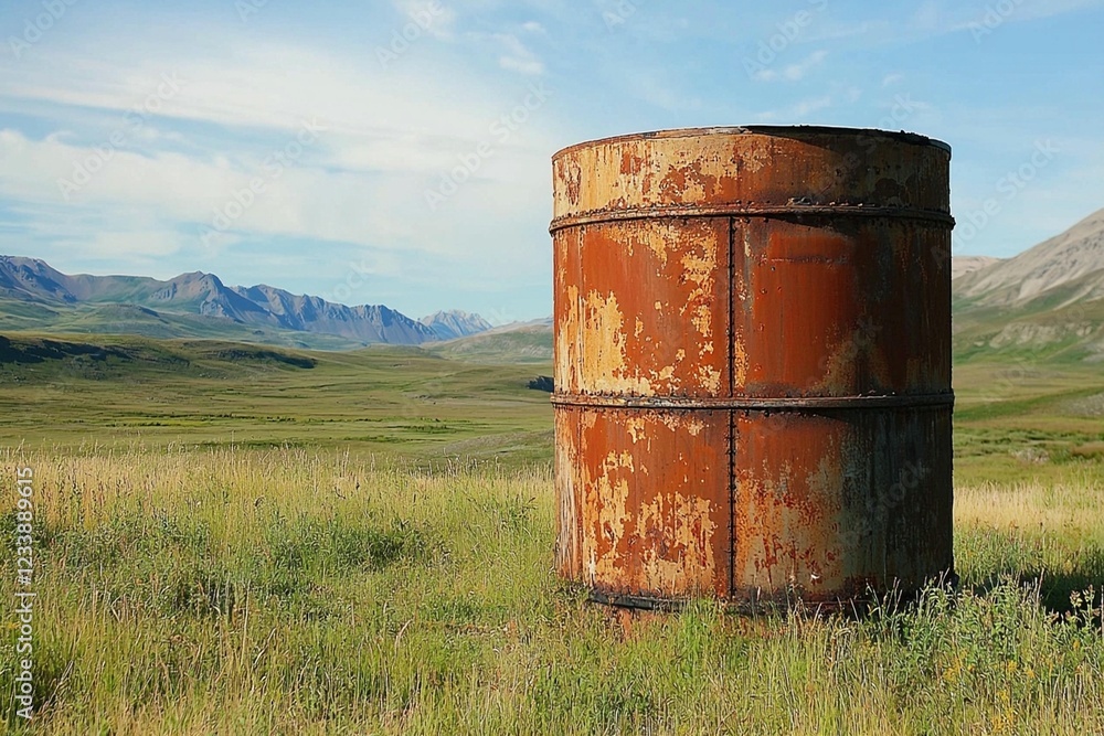 Rusty barrel in Alaskan tundra landscape, mountains background. Stock photo for travel, environmental themes Rusty barrel in Alaskan tundra landscape, mountains background. Stock photo for travel, environmental themes