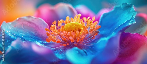 Macro shot of vibrant multicolored flower with details in petals and stamen Copy Space photo