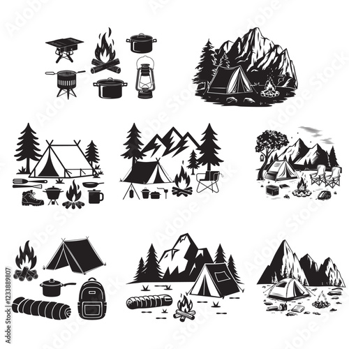 Adventure Camping black vector set on white background. camping vector icon. camping.