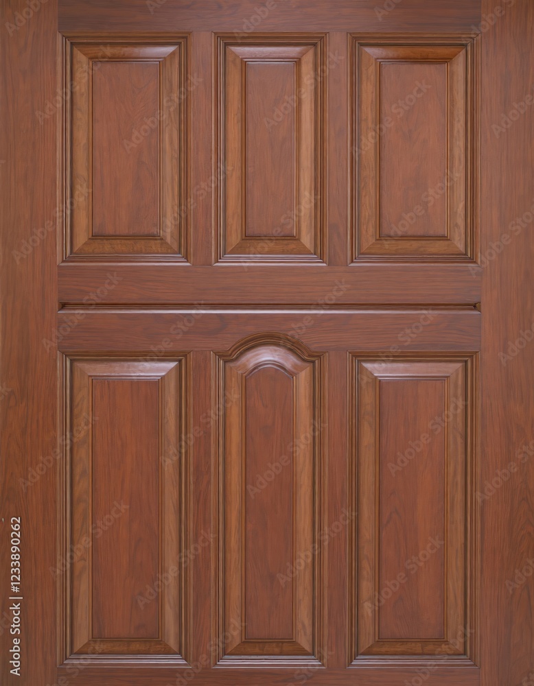 Elegant Wooden Panel Door with Rectangular and Arched Detailing and rich brown tone Elegant Wooden Panel Door with Rectangular and Arched Detailing and rich brown tone
