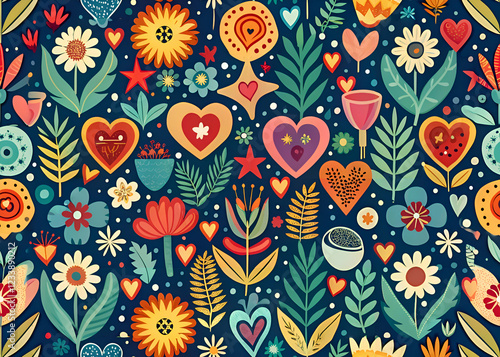 Wallpaper Mural Charming floral pattern with hearts. Torontodigital.ca