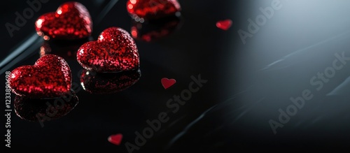 Red glittering hearts on dark reflective surface with small heart confetti and copy space for text placement. photo