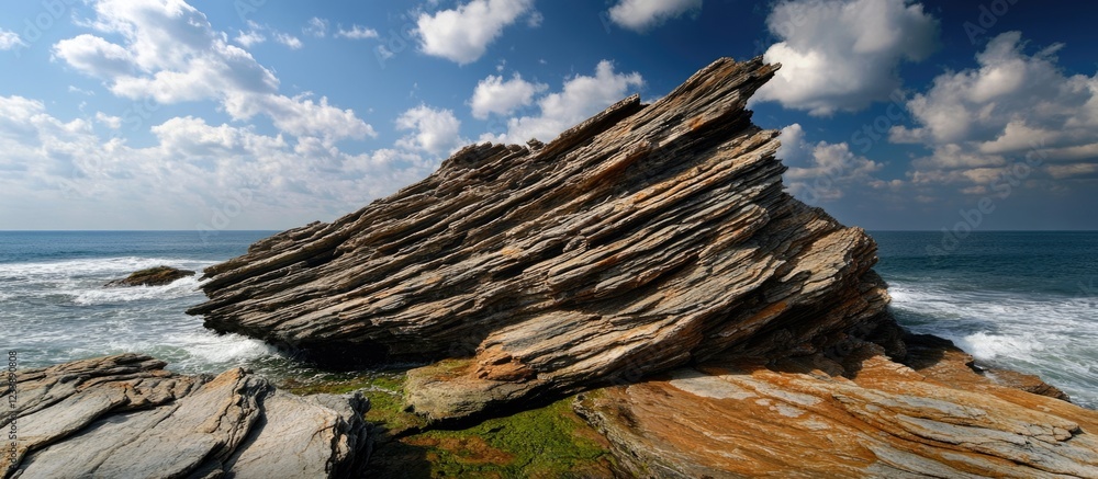 Rock formation at the beach with layered strata under a blue sky and white clouds showcasing geological features and textures Copy Space Rock formation at the beach with layered strata under a blue sky and white clouds showcasing geological features and textures Copy Space