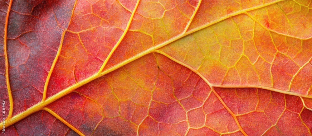 Obraz premium Colorful autumn leaf texture showing intricate vein patterns and vibrant hues of orange, red and yellow with Copy Space for text placement.