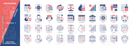 Accounting icon set. Income Statement, Statistics, Transaction, Balance Sheet, Budget, Revenue, Taxation, Fintech. Duotone color solid and editable outline icons