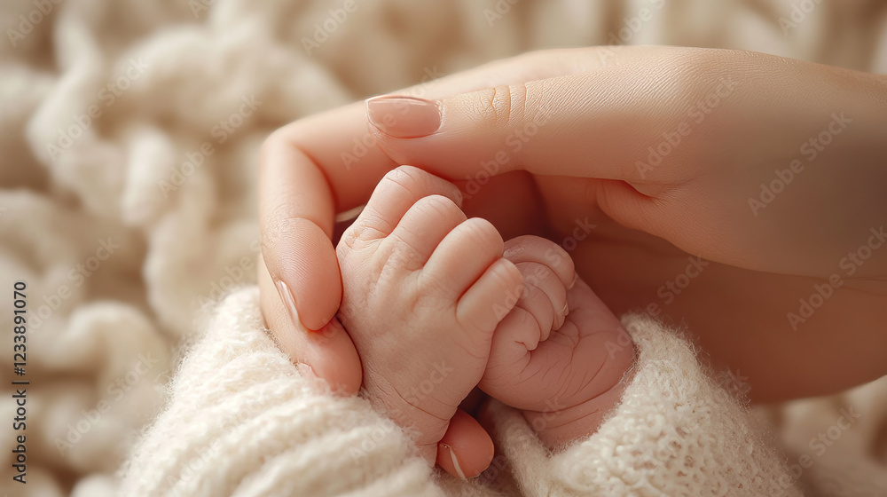 Happy family. Tiny newborn infant baby little hand on mother hand palm. Newborn baby holding parent finger after birth. Mom baby at home. Support protection of new life. Handle with care Happy family. Tiny newborn infant baby little hand on mother hand palm. Newborn baby holding parent finger after birth. Mom baby at home. Support protection of new life. Handle with care