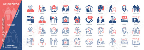 Elderly People icon set. Caregiver, Ambulance, Assisted Living, Medicare, Nurse, Pension Fund. Duotone color solid and editable outline icons