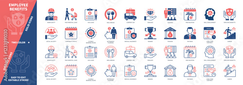 Employee Benefits icon set. Insurance, Paid Vacation, Pension, Social Security, Training, Bonuses, Career, Sick Leave. Duotone color solid and editable outline icons