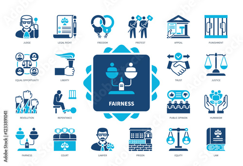 Fairness icon set. Judge, Equity, Punishment, Justice, Repentance, Liberty, Lawyer, Freedom. Duotone color solid icons