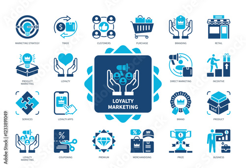 Loyalty Marketing icon set. Customers, Trade, Brand, Retail, Premium, Business, Couponing, Direct Marketing. Duotone color solid icons