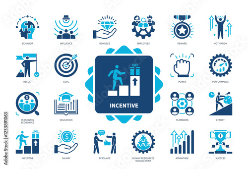 Incentive icon set. Motivation, Salary, Power, Effort, Reward, Goal, Result, Advantage. Duotone color solid icons
