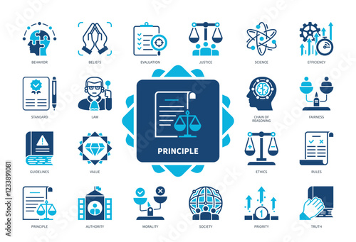 Principle icon set. Standard, Behavior, Fairness, Rules, Ethic, Morality, Authority, Evaluation. Duotone color solid icons