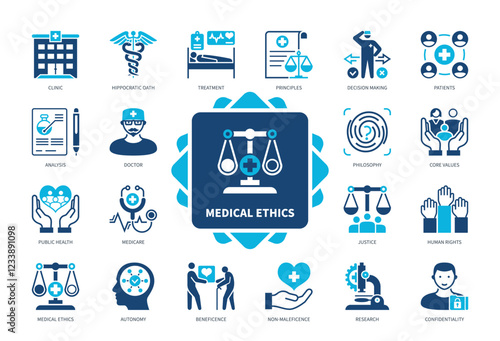 Medical Ethics icon set. Hippocratic Oath, Clinic, Patients, Medicare, Autonomy, Beneficence, Doctor, Non Maleficence. Duotone color solid icons