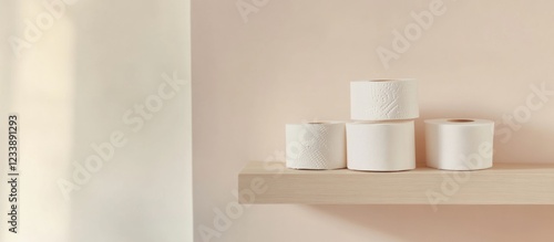 Rolls of white toilet paper stacked neatly on a wooden shelf against a soft pink wall interior with natural light and copy space.