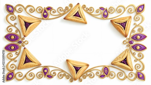 Decorative frame made from miniature hamantaschen pastries and Purim masks on white background with copy space photo