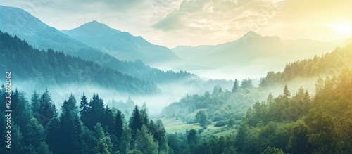 Serene panoramic view of lush mountains and misty forests with ample negative space for text overlay in a tranquil natural setting