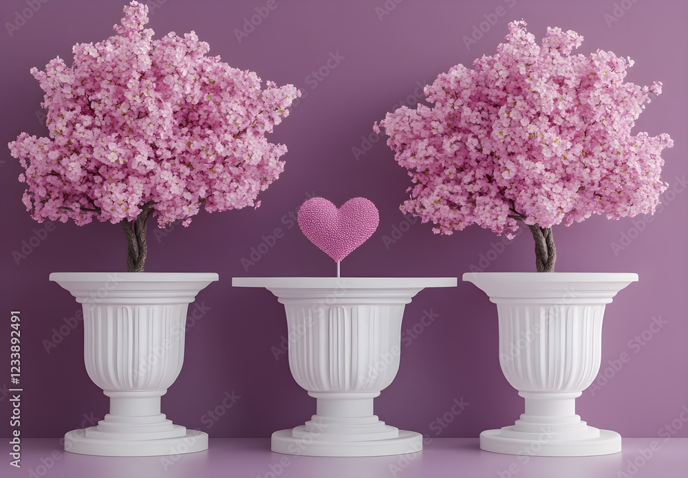 Fototapeta premium A podium for product display, with pink cherry blossom trees and heart-shaped leaves in the background, surrounded by two columns, against a purple wall, creating an atmosphere of romance and 