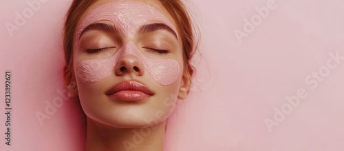 Young woman relaxing during facial chemical peel treatment with soft pink background and glowing skin in beauty spa setting with blank space for text photo