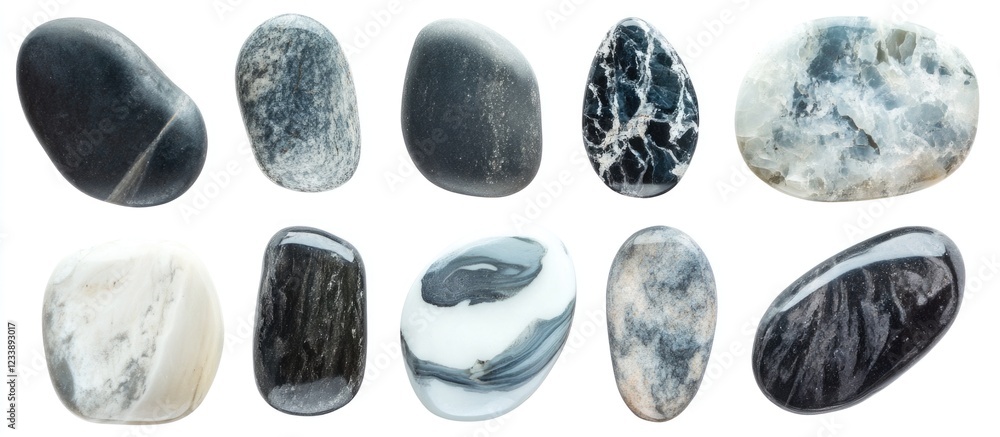 Various polished black and white stones arranged in a grid pattern on a white background with Copy Space for text placement. Various polished black and white stones arranged in a grid pattern on a white background with Copy Space for text placement.