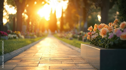 A serene cemetery pathway lined with fresh floral tributes, soft morning light and a peaceful atmosphere