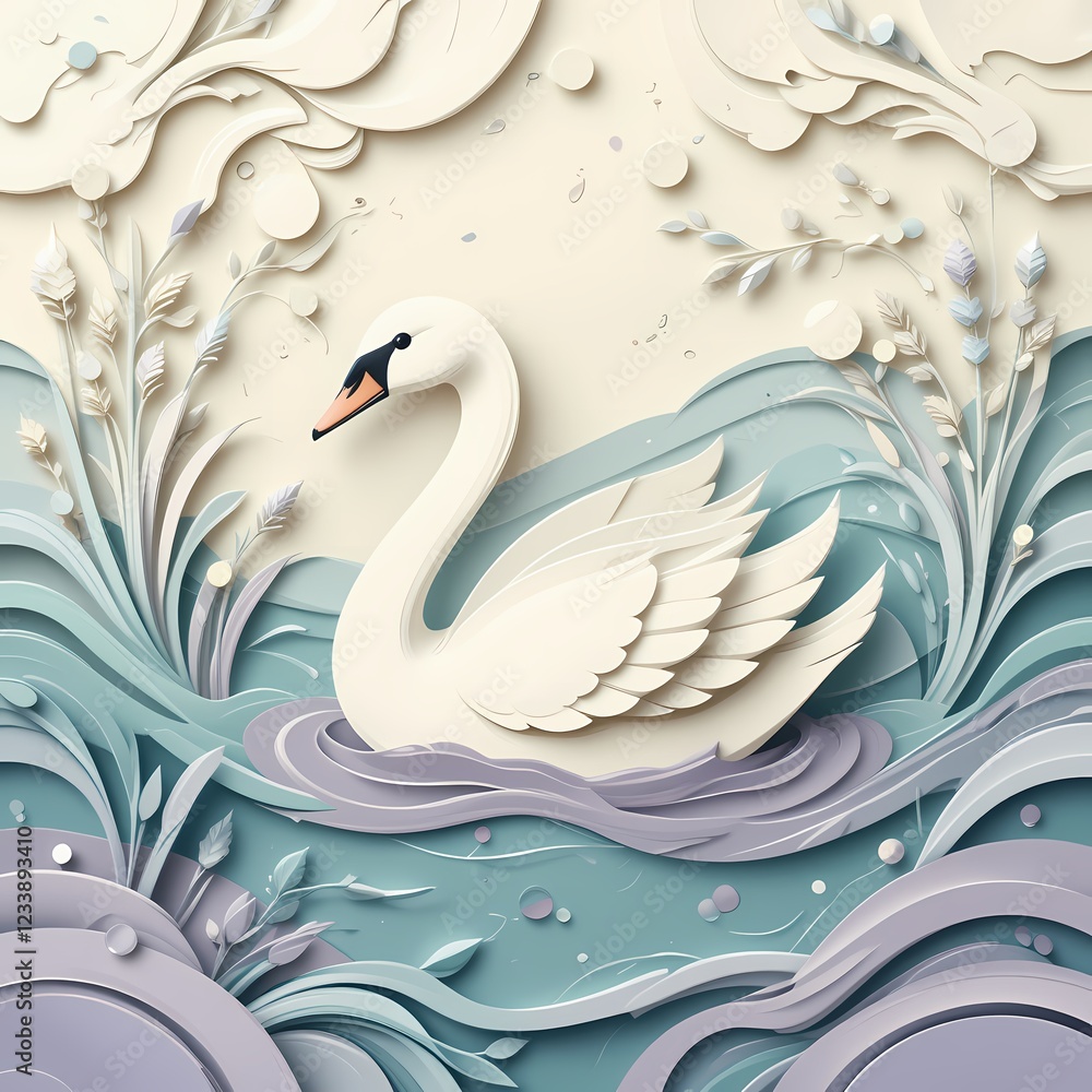 Obraz premium Elegant swan paper art, serene water scene