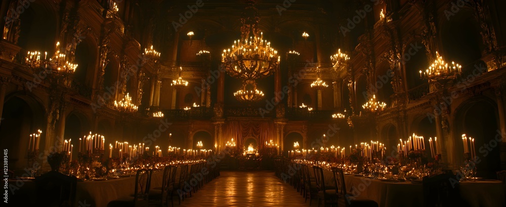 Obraz premium A Thanksgiving dinner set in a grand castle, where the table is illuminated by chandeliers made of glowing amber, casting a warm, golden light on the feast below