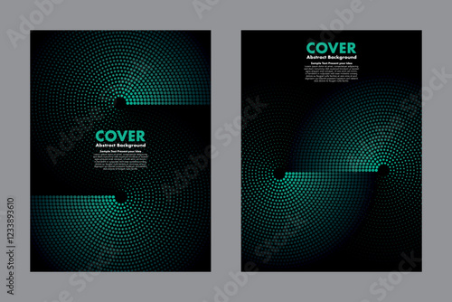 Modern vector geometric abstract background featuring an infinity symbol design and halftone dot pattern, gradient of green to black. For cover, digital artwork, poster, annual report.