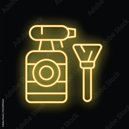 Neon sign icon of a cleaning spray bottle and brush glowing brightly on a black background