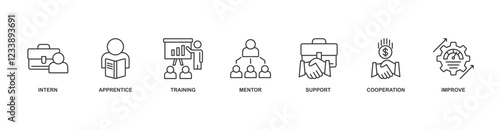 Trainee icon vector illustration concept for internship training and learning program apprenticeship with an icon of intern, apprentice, training, mentor, support, cooperation and improve