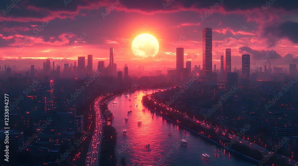 Futuristic city sunset river boats cityscape artwork Futuristic city sunset river boats cityscape artwork
