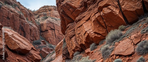 Rich cinnamon brown hornfels stone in rugged cliffside with close up background photo