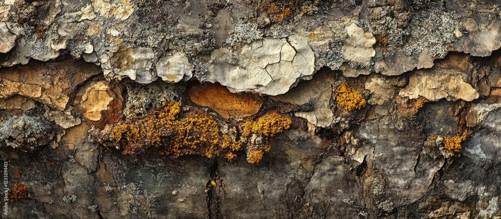 Details of tree bark with moss and lichen textures in natural environment for background use Copy Space