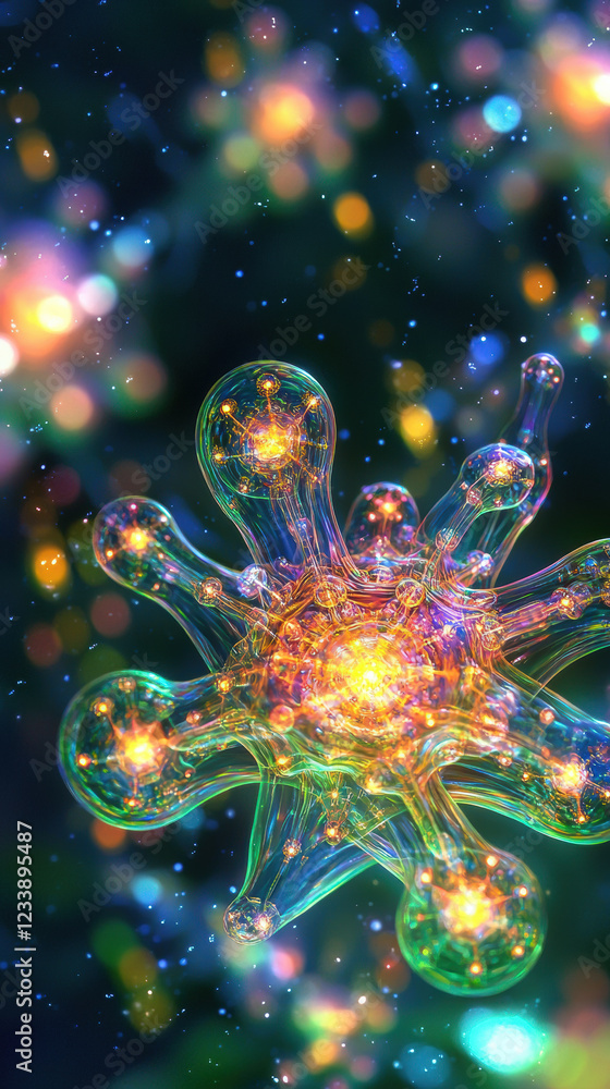 vibrant, surreal representation of molecular structure with glowing elements, showcasing intricate details and colors