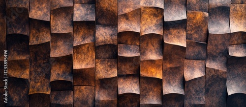 Fototapeta Naklejka Na Ścianę i Meble -  Textured abstract wall with warm brown tones showcasing dynamic geometric patterns and depth perfect for background designs and layouts