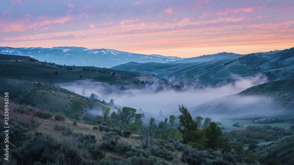 A serene mountain landscape at sunrise, with mist gently rolling through the valleys and vibrant colors in the sky A serene mountain landscape at sunrise, with mist gently rolling through the valleys and vibrant colors in the sky
