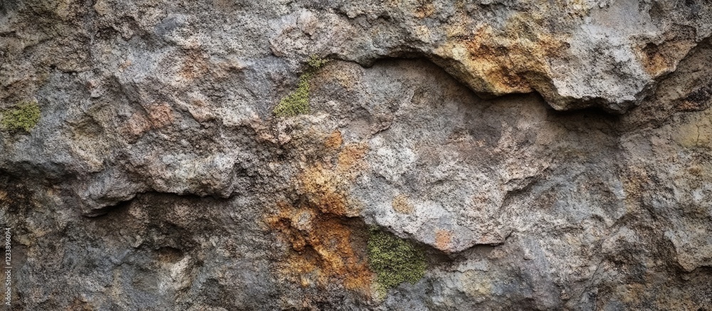 Rough textured stone wall surface with natural color variations and moss patches Rough textured stone wall surface with natural color variations and moss patches