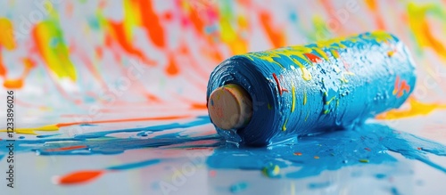 Colorful paint roller on bright paint splattered background with empty space for text. photo