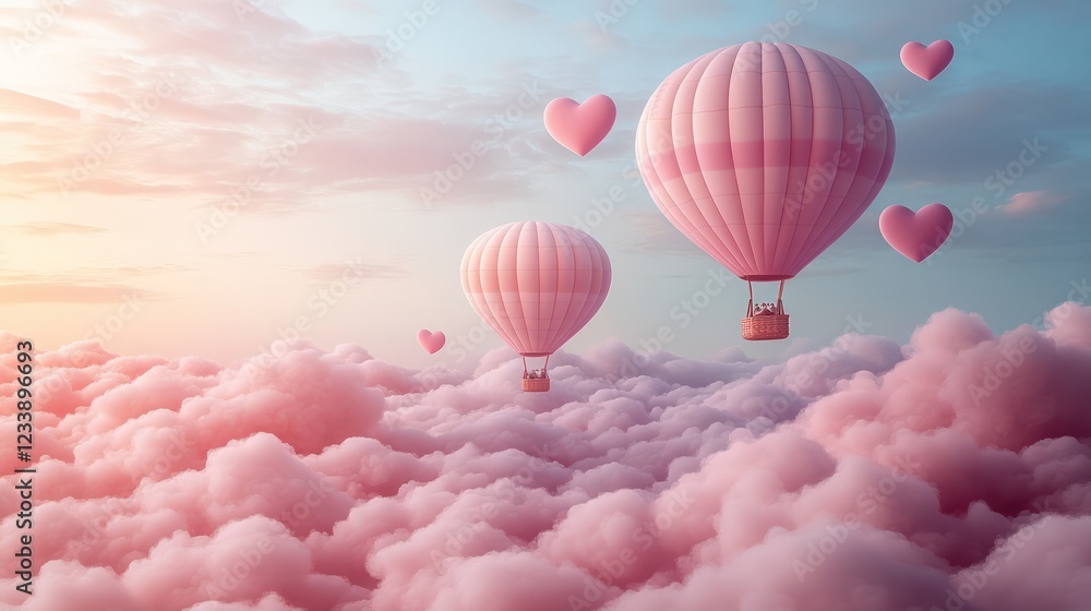 Obraz premium Pink Hot Air Balloons Soaring Above Cotton Candy Clouds: A Dreamy Valentine's Day Escape