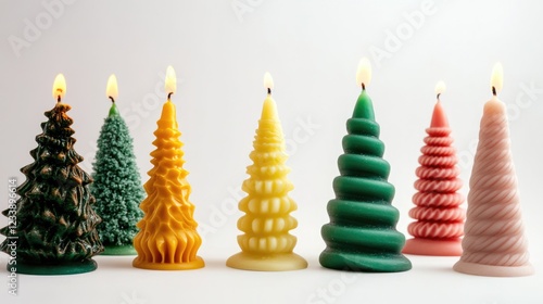 Colorful decorative Christmas tree candles arranged in a row with lit flames on top against a light background Copy Space photo