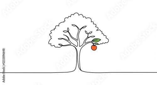 Minimalistic Tree Illustration with Single Line Art and Fruit