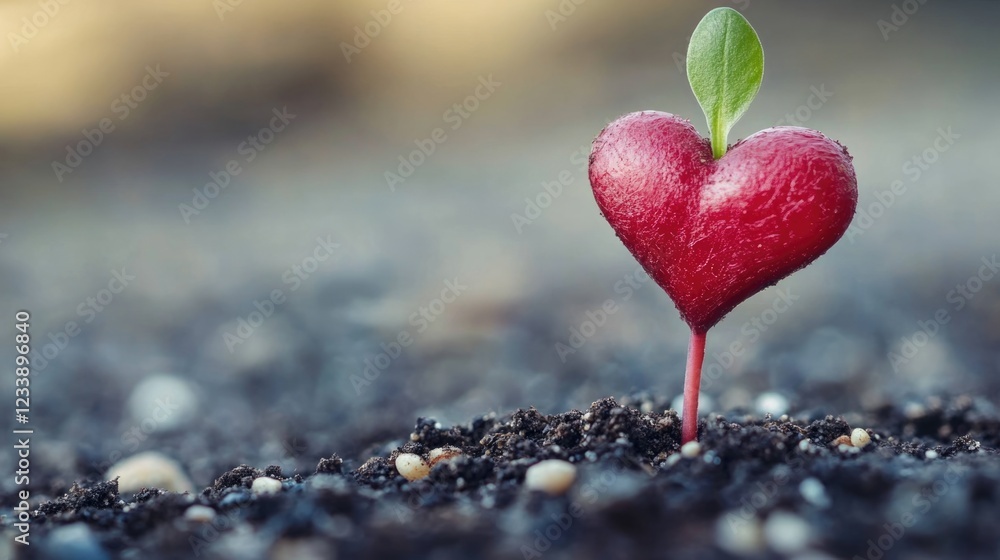 Obraz premium Young plant growing from heart-shaped soil representing love and nurturing in nature's beautiful expression of life