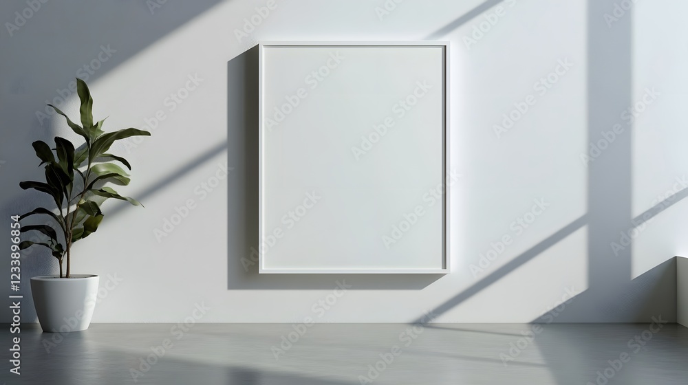 Sunlit minimalist white room with empty wall green potted plant and sharp shadows creating a clean peaceful and serene atmosphere Simple modern Sunlit minimalist white room with empty wall green potted plant and sharp shadows creating a clean peaceful and serene atmosphere Simple modern